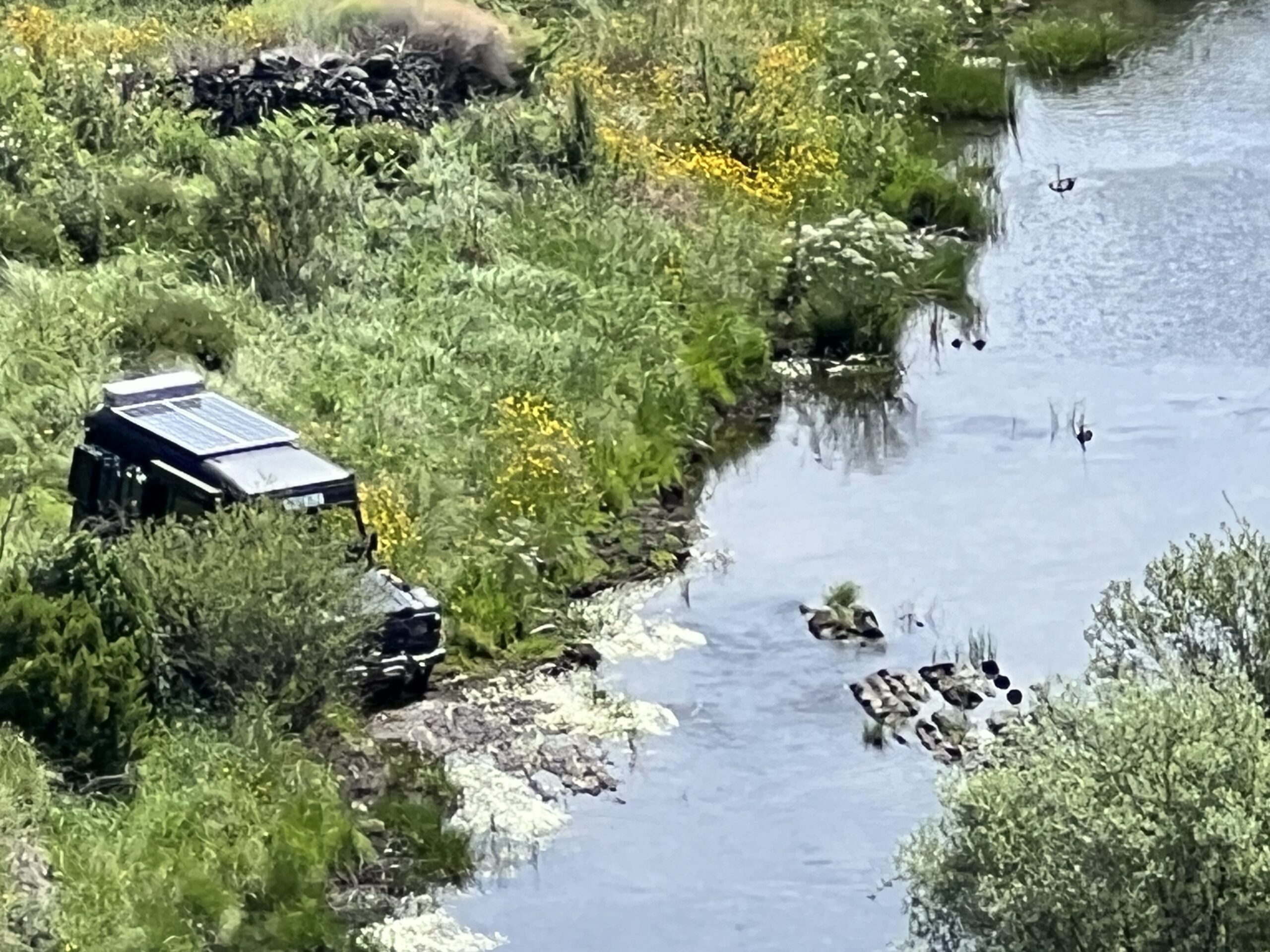 Landrover driving through forested river valley in Portugal close up